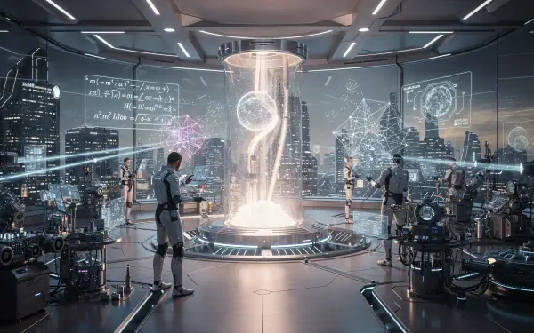 4K Ultra HD PC desktop wallpaper and background: futuristic physics lab where scientists study a glowing levitating energy core with holographic equations and a distant city skyline.