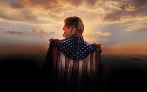 Homelander from the TV show The Boys (2019) stands with an American-flag cape and glowing red eyes against a dramatic sunset — 5K Ultra HD PC desktop wallpaper/background.