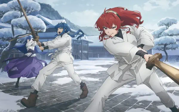Anime wallpaper of Eris Boreas Greyrat from Mushoku Tensei: Jobless Reincarnation, charging with a sword alongside allies across a snowy courtyard — HD PC desktop background.
