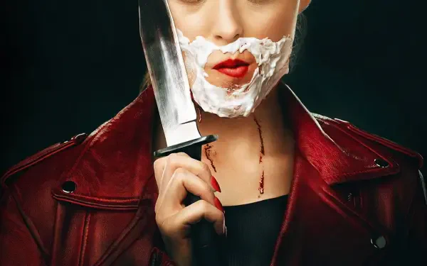 Freaky (Movie) HD PC desktop wallpaper: woman in a red leather jacket with a shaving-cream beard and red lips holds a large knife to her face, a thin trail of blood at her neck.