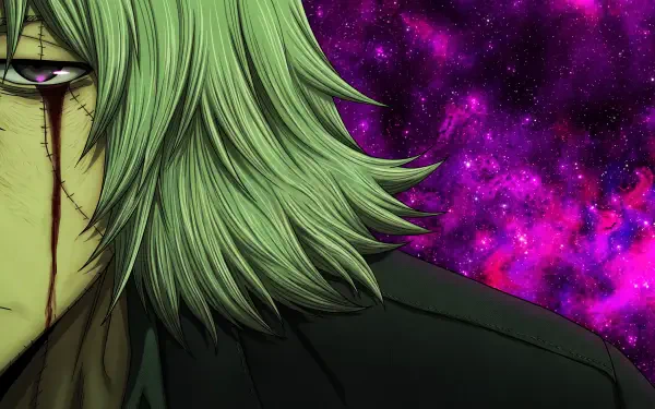 Cropped portrait of Kisuke Urahara from Bleach: Thousand-Year Blood War, blood streaking his face, green hair and bankai energy against a purple nebula — 5K Ultra HD PC wallpaper.