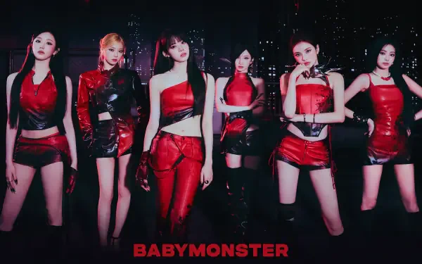 BABYMONSTER K-pop girl group in red stage outfits against a city night skyline, logo at bottom — 5K Ultra HD PC desktop wallpaper, YG Entertainment.