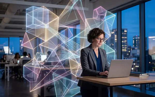 5K Ultra HD PC desktop wallpaper and background: corporate job scene — professional at a laptop in a modern office at dusk, surrounded by glowing geometric data visuals.