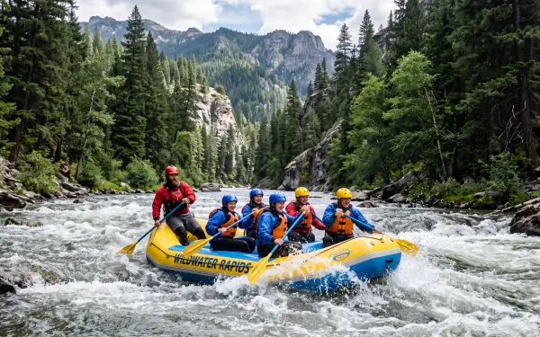 5K Ultra HD PC desktop wallpaper/background: six rafters in a yellow raft navigating turbulent whitewater through a pine‑lined mountain river valley.