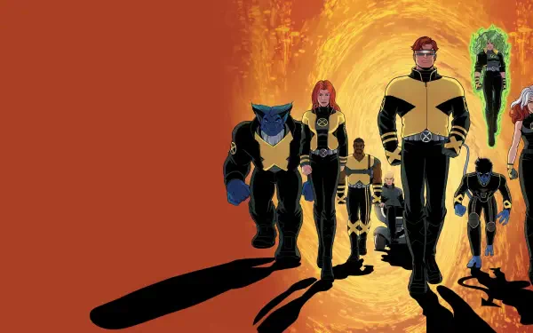 X-Men '97 4K Ultra HD PC desktop wallpaper: animated X‑Men in yellow-and-black uniforms stride from a glowing tunnel, casting long shadows on an orange background.
