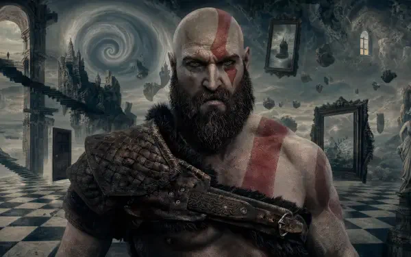 Kratos (God of War) stares forward with red war paint and leather strap across his chest amid floating frames and a swirling sky — 4K Ultra HD PC desktop wallpaper and background.