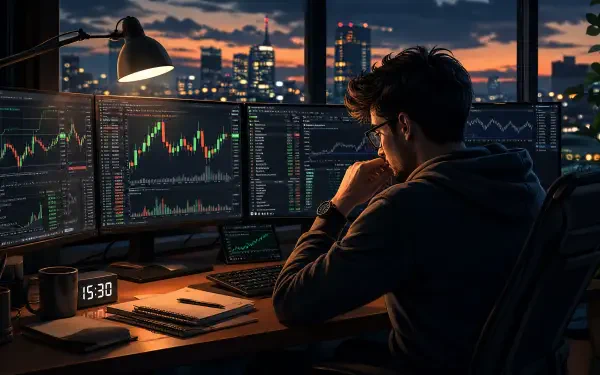 Trading 4K Ultra HD PC desktop wallpaper: a trader at a multi-monitor desk analyzing live market charts at dusk, city skyline visible through the window.