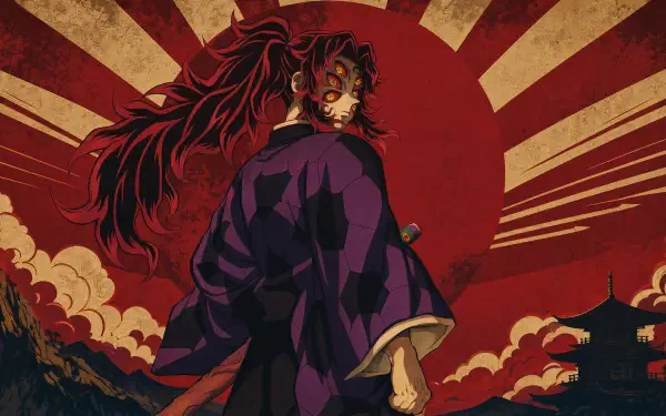 Kokushibo (Demon Slayer) stands backlit by a blood-red rising sun, long hair and moon-marked face peering over a purple kimono amid swirling clouds and pagodas — 4K Ultra HD PC desktop wallpaper.