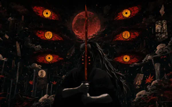 4K Ultra HD PC desktop wallpaper: Kokushibo (Demon Slayer) stands with sword raised, blood-red moon and multiple glowing eyes looming in a dark, ominous shrine.