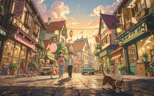 Vibrant street 4K Ultra HD PC desktop wallpaper and background: sunset cobblestone lane with warm shopfronts, lanterns, a strolling family and a cat crossing the foreground.