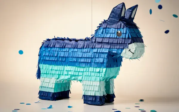 Blue donkey piñata with teal and navy fringe and scattered confetti on a cream backdrop — 4K Ultra HD PC desktop wallpaper and background.
