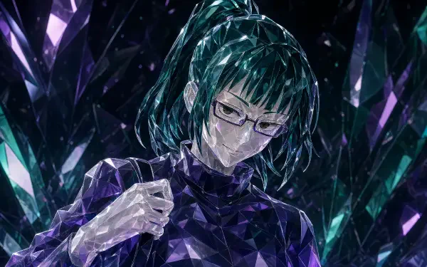 4K Ultra HD PC desktop wallpaper/background of Maki Zenin — anime girl with green hair and glasses in a dark outfit amid fractured crystalline shards.