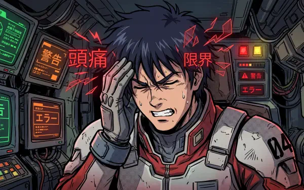 Anime man in a cockpit clutching his head in pain with red headache effects and warning screens; 5K Ultra HD PC desktop wallpaper/background.