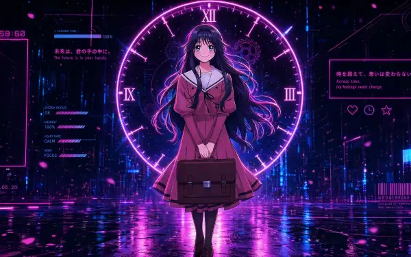 4K Ultra HD PC desktop anime wallpaper of Kaoruko Waguri: a schoolgirl with violet hair and satchel before a glowing neon clock in a rainy cyber city — The Fragrant Flower Blooms With Dignity.