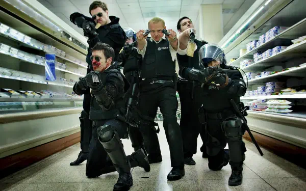 Hot Fuzz 2K Quad HD PC desktop wallpaper: six uniformed officers in tactical gear aim weapons and pose in a supermarket aisle, dramatic low-angle shot.