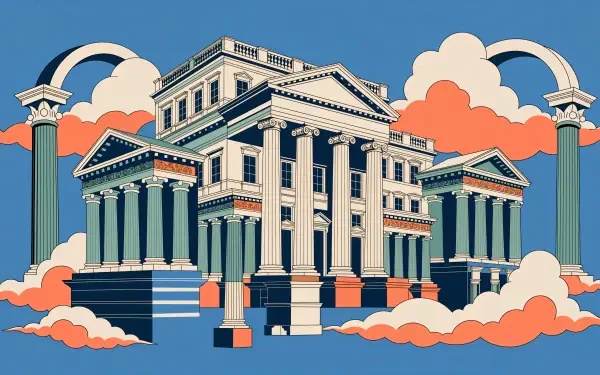 Vector illustration of a grand classical temple with columns and arches amid stylized clouds — bold architectural 4K Ultra HD PC desktop wallpaper and background.