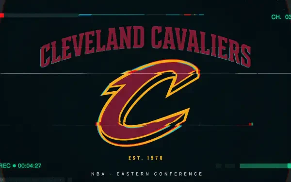 Cleveland Cavaliers logo and team name on a dark 4K Ultra HD PC desktop wallpaper, red-and-gold C emblem representing the NBA basketball sports team.