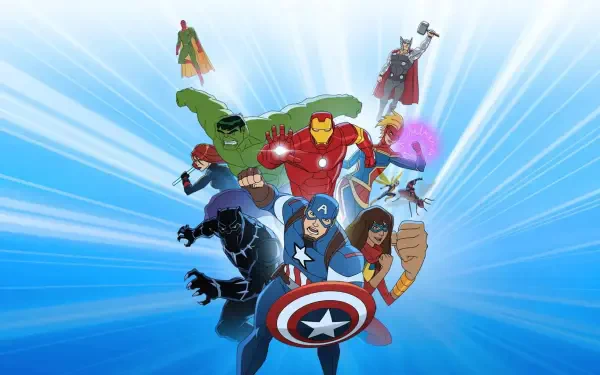Marvel's Avengers Assemble HD PC desktop wallpaper: Iron Man, Captain America, Hulk, Thor, Black Panther, Black Widow, Ms. Marvel and Vision bursting forward on blue radiating rays.