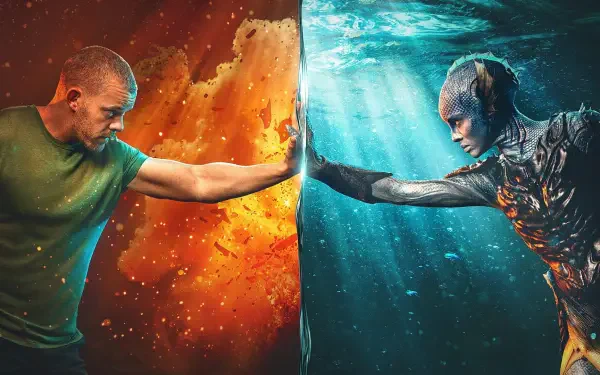HD PC desktop wallpaper The War Between the Land and the Sea: a human and an aquatic warrior press hands across a fiery land versus blue underwater divide, a dramatic elemental standoff.