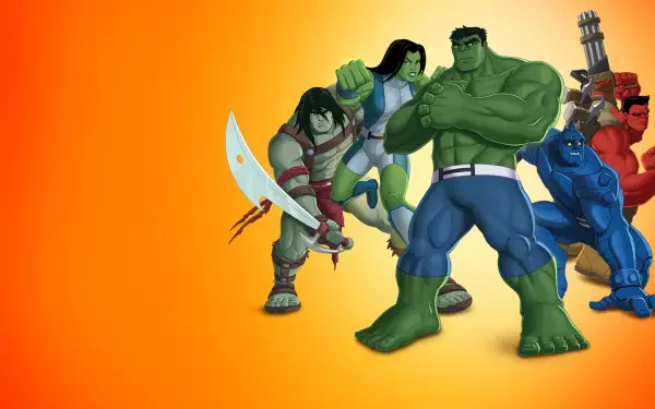 HD PC desktop wallpaper featuring Hulk and the Agents of S.M.A.S.H. posed against an orange gradient background.