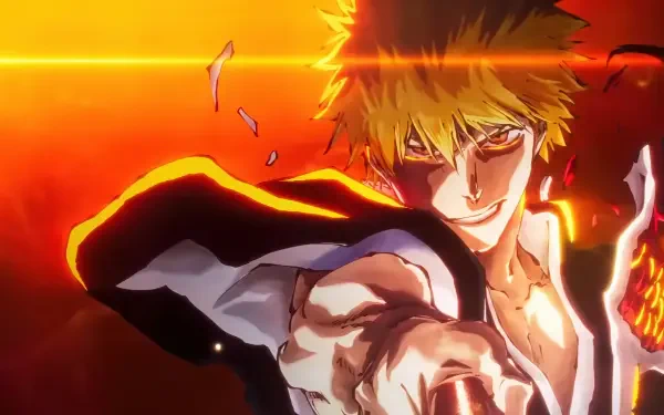 Bleach: Thousand-Year Blood War 4K Ultra HD PC wallpaper — Ichigo lunges forward with fierce gaze, orange flames and shards backlighting him.