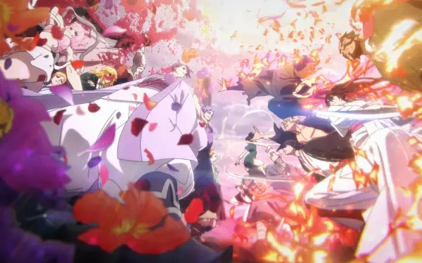 Hell's Paradise 4K Ultra HD PC desktop wallpaper/background — vibrant anime battle: warriors clash with swords amid falling petals, blazing flames and radiant light.