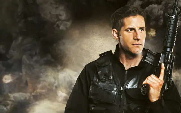 S.W.A.T. Under Siege HD PC desktop wallpaper and background: stoic SWAT officer in tactical vest holding a rifle before a smoky, dramatic backdrop.