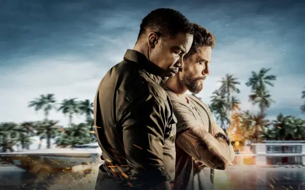 The Island — 4K Ultra HD PC desktop wallpaper of two men standing back-to-back on a tropical beachfront with palm trees, modern buildings and a brooding sky.