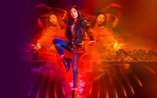 4K Ultra HD PC desktop wallpaper/background for Kung Fu (TV Show): protagonist mid-kick with layered motion-blur figures against a fiery red-orange skyline.