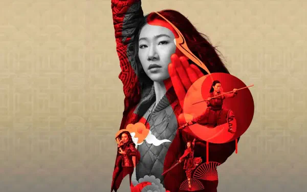 4K Ultra HD PC desktop wallpaper/background for Kung Fu (TV Show): central red-toned portrait of the lead, layered with circular action vignettes on a beige backdrop.