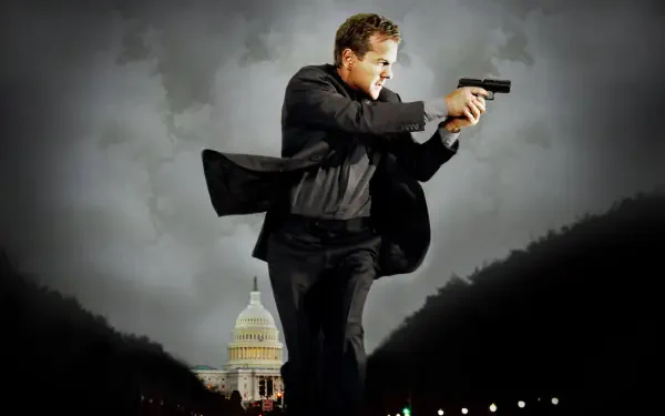 Tag 24 — 4K Ultra HD PC desktop wallpaper and background: a suited man aiming a handgun while running above a lit capitol building beneath a stormy, dramatic sky.