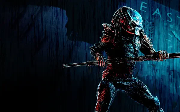 Predator from Predator 2 stands in a rain-soaked neon city, gripping a spear beneath blue-red lighting — 4K Ultra HD PC desktop wallpaper.