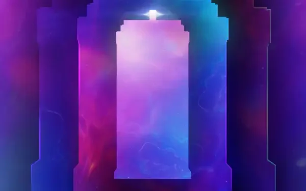 Doctor Who (2023) 4K Ultra HD PC wallpaper: glowing TARDIS-shaped doorway framed by layered arches against swirling purple, blue and magenta nebula light.