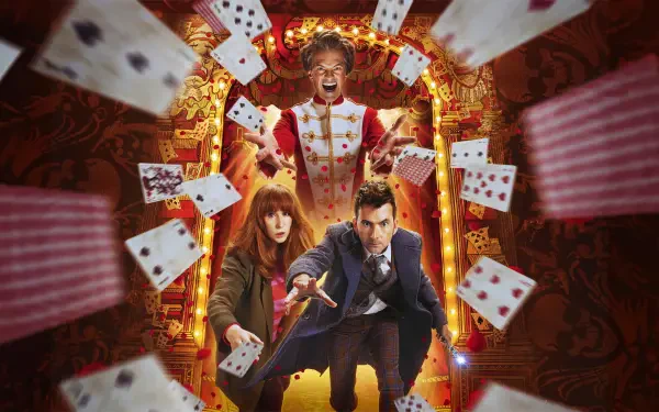 Doctor Who (2005) 4K Ultra HD PC wallpaper: the Tenth Doctor lunges forward with his companion, framed by a glowing carnival portal and swirling playing cards.