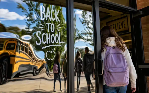 4K Ultra HD PC wallpaper: a student with a purple backpack approaches school doors bearing Back to School lettering, the yellow school bus and reflections visible in the glass.