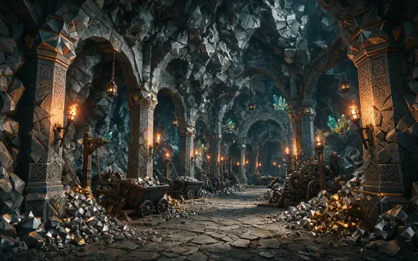 4K Ultra HD PC desktop wallpaper: dwarven mine cavern tunnel — torchlit stone pillars, crystal veins, mining carts and scattered ore in a shadowy dungeon cave corridor.