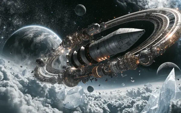 4K Ultra HD sci-fi PC desktop wallpaper: colossal ringed space station with a docked spaceship orbiting a cloud-covered planet, moons and distant stars in a dramatic space background.