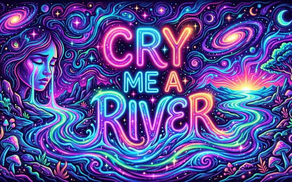 5K Ultra HD PC desktop wallpaper: neon abstract Cry Me a River—a woman's profile amid swirling galaxy rivers, stars and vivid psychedelic blues, pinks and purples.