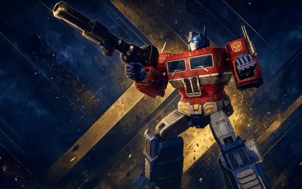 4K Ultra HD PC wallpaper for Transformers: Eternal War — red-and-blue Transformer mecha aims a blaster against a fiery, cosmic battle backdrop.
