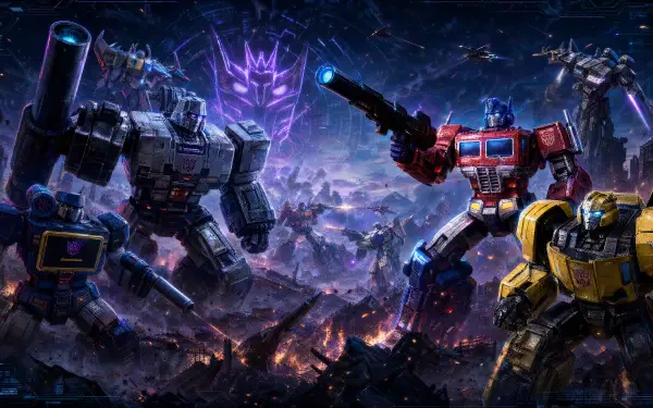 Transformers: Eternal War video game 4K Ultra HD PC wallpaper — epic battlefield with Optimus Prime, Bumblebee and Megatron clashing amid explosions and a glowing Decepticon emblem.