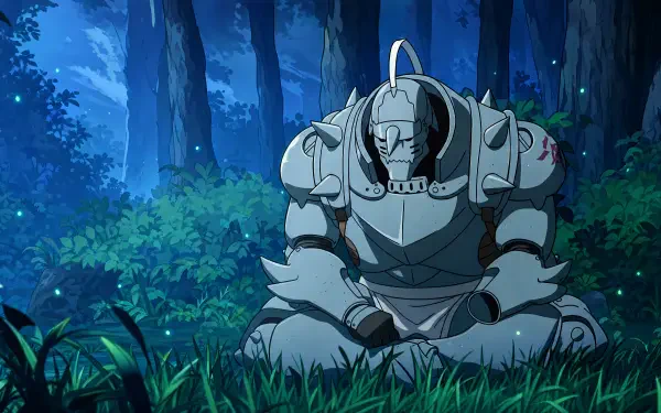 Alphonse Elric's armored form sits cross-legged, head bowed amid a moonlit forest, surrounded by lush foliage — 4K Ultra HD PC desktop wallpaper and background.
