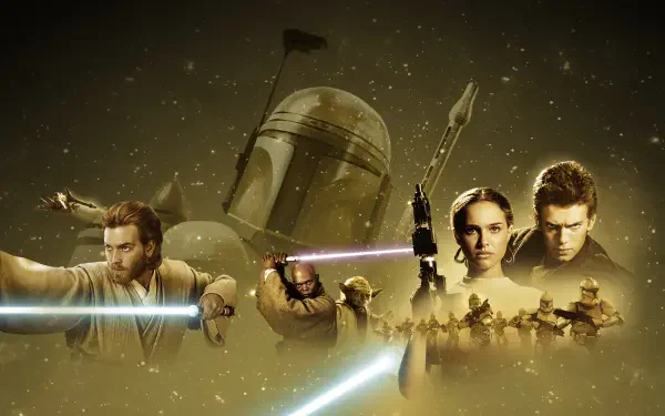 Star Wars Episode II: Attack of the Clones 4K Ultra HD PC desktop wallpaper showing Obi‑Wan, Anakin, Padmé, Jango Fett, lightsabers and clone troopers against a sepia battle backdrop.