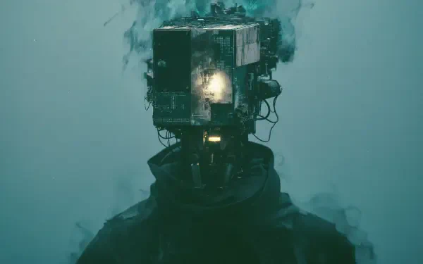 Sci-Fi robot machine cyborg with a boxy mechanical head and glowing core emerging from mist — 2K Quad HD PC desktop wallpaper background.
