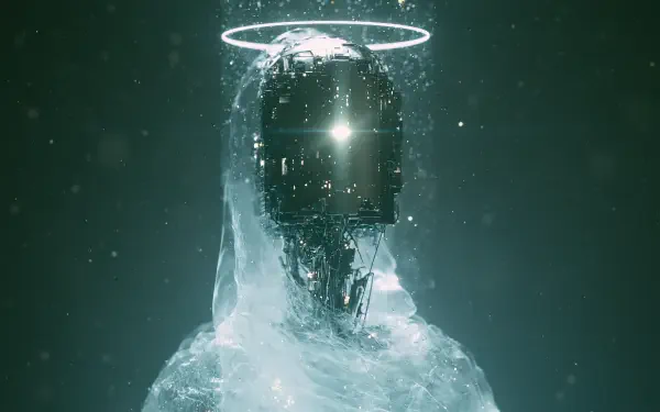 Sci-fi android cyborg with luminous halo, translucent data-filled body and glowing faceplate amid digital artifacts — 2K Quad HD PC desktop wallpaper.