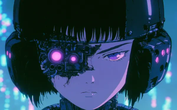 Sci-fi anime cyborg girl with dark bob, glowing purple ocular implant and headset, neon bokeh background — 2K Quad HD PC desktop wallpaper.