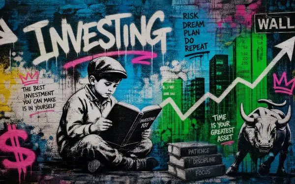 4K Ultra HD PC desktop wallpaper: graffiti mural on investing and the stock market — boy reading, bull, rising chart, dollar signs and motivational slogans