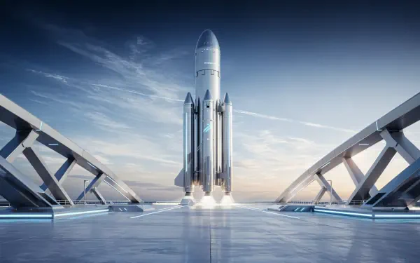 4K Ultra HD PC desktop wallpaper: sleek rocket spacecraft poised on a futuristic launchpad at dawn, reflective platform and clear sky.