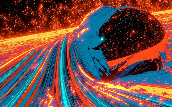 Artistic 2K Quad HD PC desktop wallpaper: abstract astronaut helmet as a glowing sphere streaming neon blue, orange and red cosmic streaks.