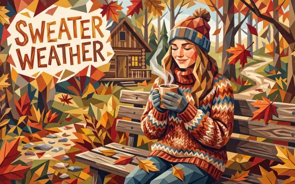 Illustrated autumn 5K Ultra HD PC desktop wallpaper: a woman in a patterned sweater and beanie holds a steaming mug on a bench amid falling leaves, cabin and a Sweater Weather sign.