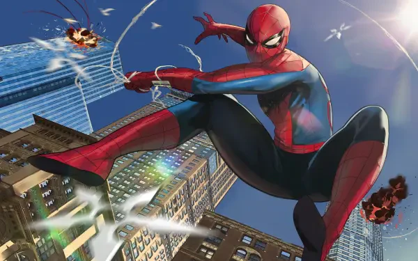 Spider-Man: Brand New Day — Spider-Man swinging between skyscrapers in dynamic action; 4K Ultra HD PC desktop wallpaper and background.